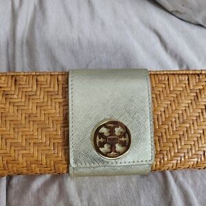 Tory Burch Woven Straw Clutch with Metallic Gold Leather Accent Used Once